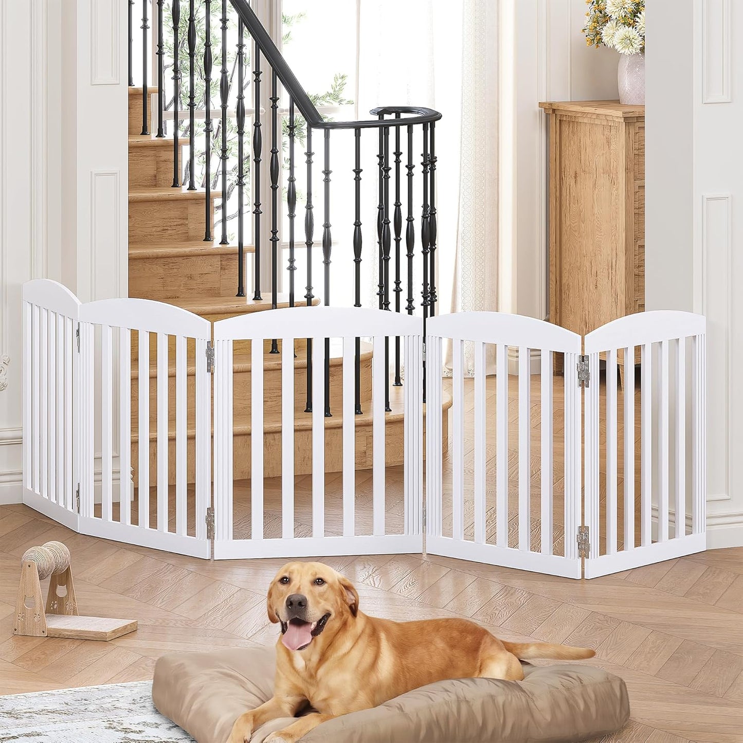 SPIRICH 96" Extra Wide 28" Tall Wooden Freestanding Foldable Dog Gate, Pet Gate Indoor, 4 Panels, White