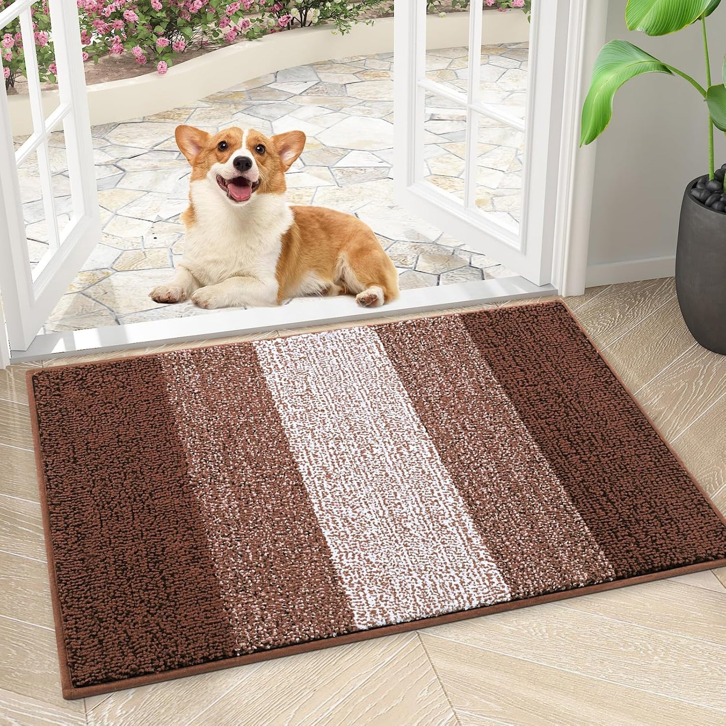 Smiry Dog Door Mat for Muddy Paws, Absorbs Moisture and Dirt, Low-Profile Entryway Mat with Non-Slip Backing, Entry Indoor Outdoor Doormat for Inside Floor (30x20 Inches, Grey, Striped)