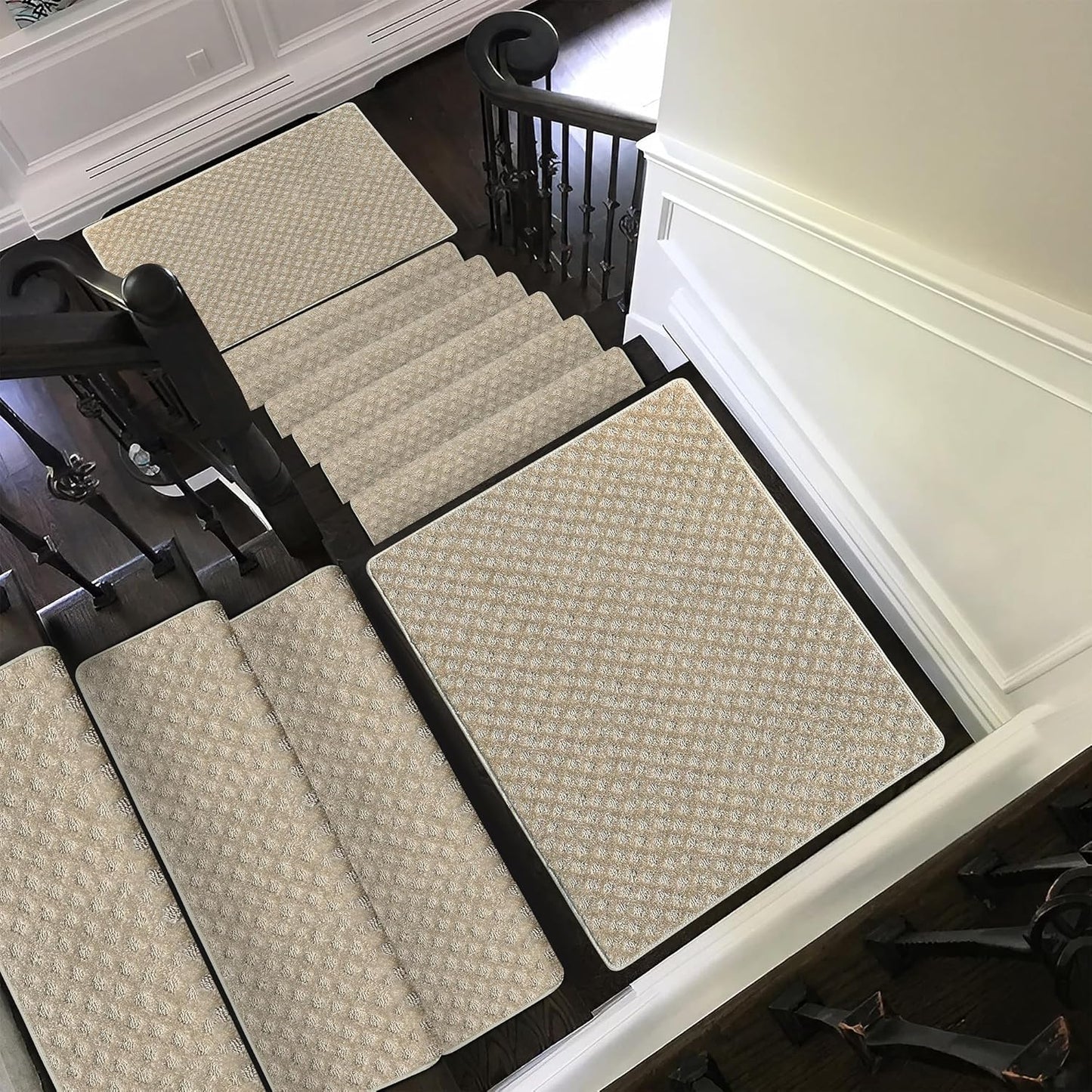 PURE ERA Bullnose Carpet Stair Treads Set Tape Free Non-Slip Indoor Stair Protectors Pet Friendly Rugs Covers Soft Skid Resistant Washable Reusable 9.5" x 30"(14 Pieces,Cream Gray)