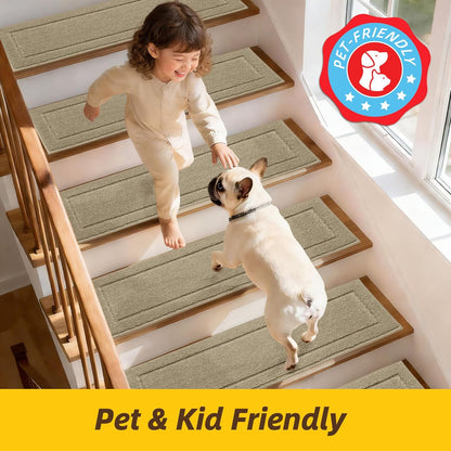 Non-Slip Stair Treads for Wooden Steps Indoor, 15 Pack 8" X 30" Edging Stair Rugs with TPE Backing, Carpet Stair Treads for Kids Elders & Pets, 100% Polyester Soft Stair Runners, Brown