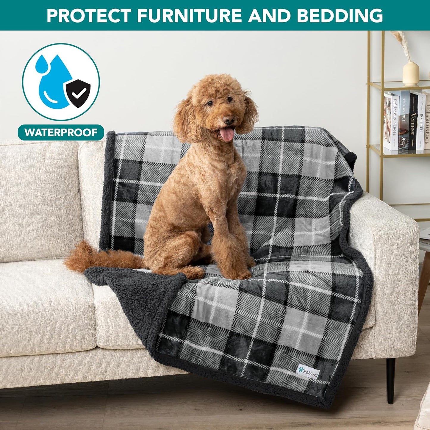PetAmi Waterproof Dog Blanket for Couch, Large 60x40, Pee Proof Sherpa Fleece Reversible Pet Throw, Furniture Protector for Bed Sofa Kennel, Soft Washable Cover for Medium Dogs Cats, Grey Sherpa
