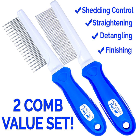 Detangling Dog Comb with Long & Short Stainless Steel Metal Teeth - Dogs, Cats & Small Animals for Removing Matted Fur, Knots & Tangles