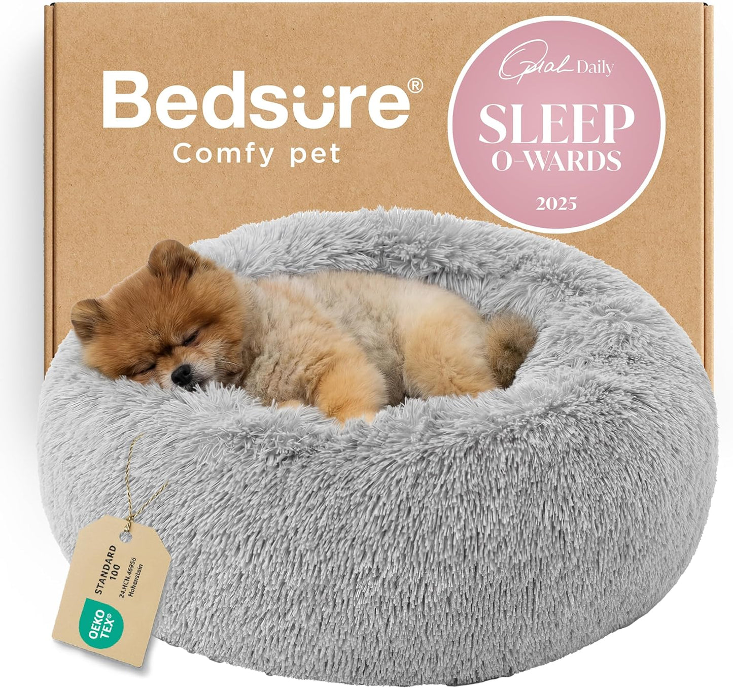 Bedsure Calming Dog Bed Medium Size Dog - Donut Washable Medium Pet Bed, 30 inches Anti-Slip Round Fluffy Plush Faux Fur Cat Bed, Fits up to 45 lbs Pets, Camel