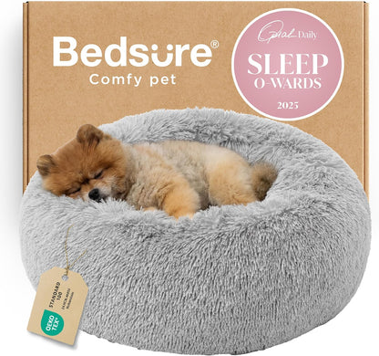 Bedsure Calming Dog Bed Medium Size Dog - Donut Washable Medium Pet Bed, 30 inches Anti-Slip Round Fluffy Plush Faux Fur Cat Bed, Fits up to 45 lbs Pets, Camel