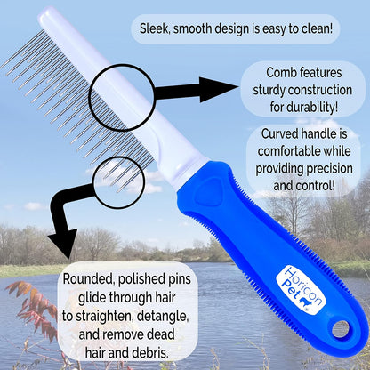 Detangling Dog Comb with Long & Short Stainless Steel Metal Teeth - Dogs, Cats & Small Animals for Removing Matted Fur, Knots & Tangles
