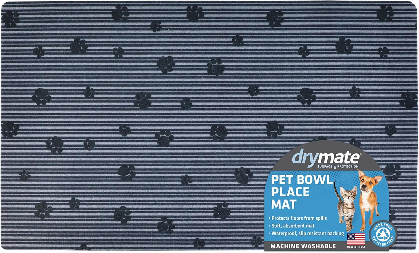 Drymate Pet Bowl Placemat, Dog & Cat Food Feeding Mat - Absorbent Fabric, Waterproof Backing, Slip-Resistant - Machine Washable/Durable (USA Made) (12” x 20”) (Indigo)