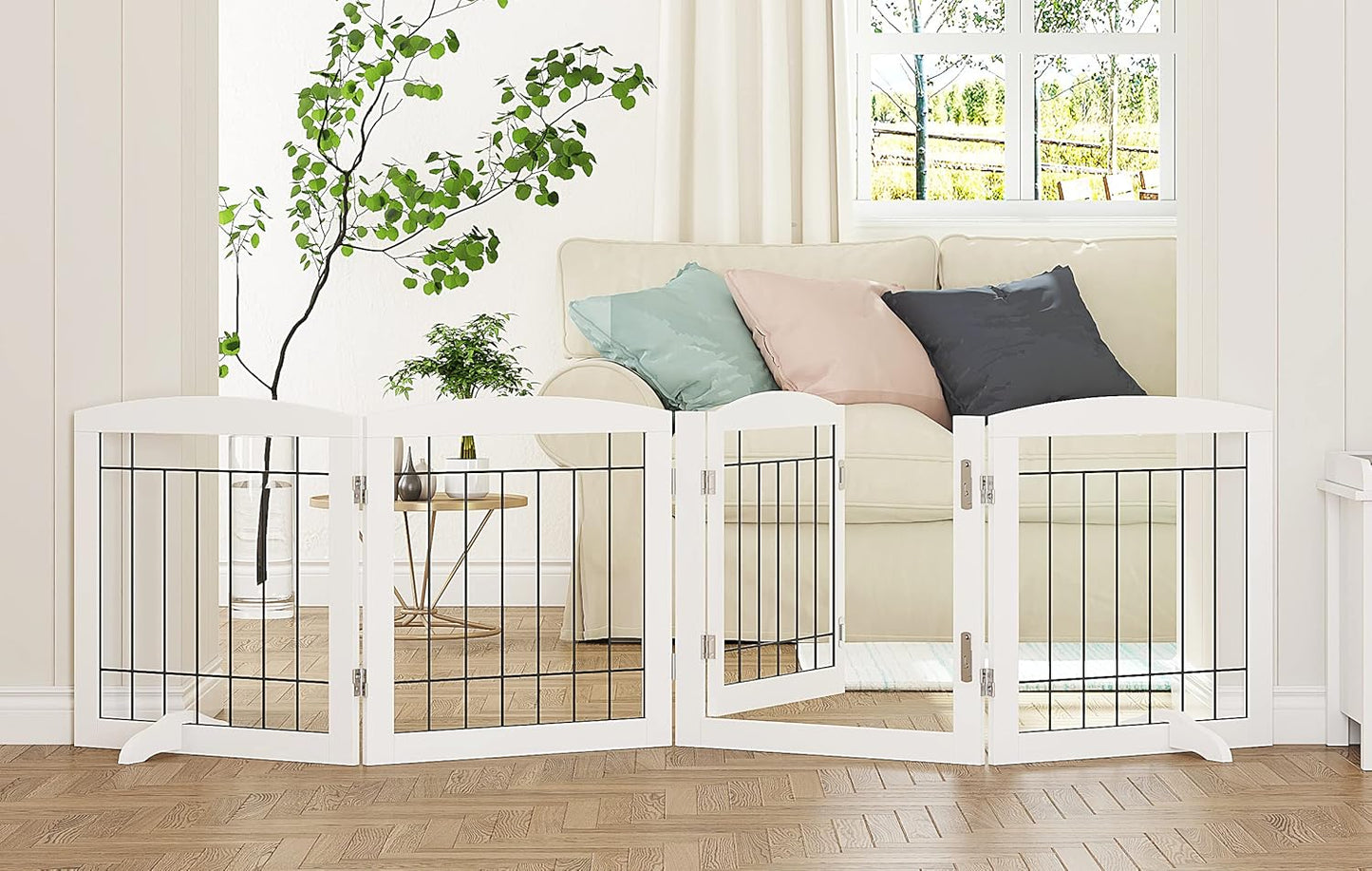 PAWLAND Free Standing Dog Gates for The House Stairs Doorways Indoor Foldable Wooden Small White Puppy Pet Gate Step Over Fence 60" W 24" H 3 Panels