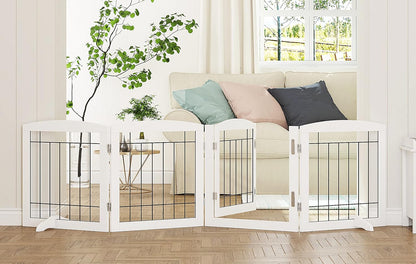 PAWLAND Free Standing Dog Gates for The House Stairs Doorways Indoor Foldable Wooden Small White Puppy Pet Gate Step Over Fence 60" W 24" H 3 Panels