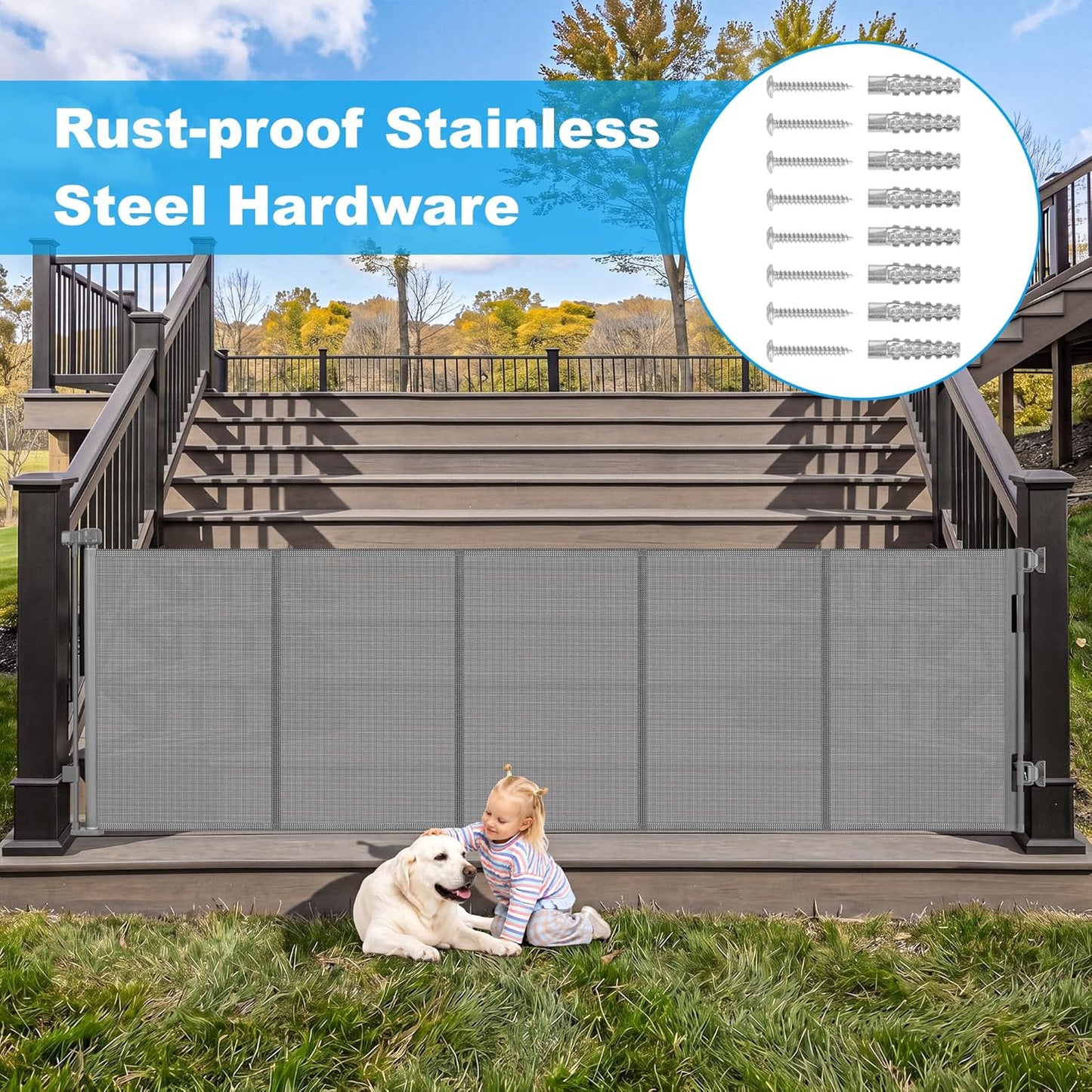 108" Wide Weatherproof Outdoor Retractable Dog Gates Extra Wide with Rust-Proof Stainless Steel Hardware& Waterproof Mesh, Reinforced 9 Ft Extra Long Retractable Baby Gate to Prevent Crawling Through