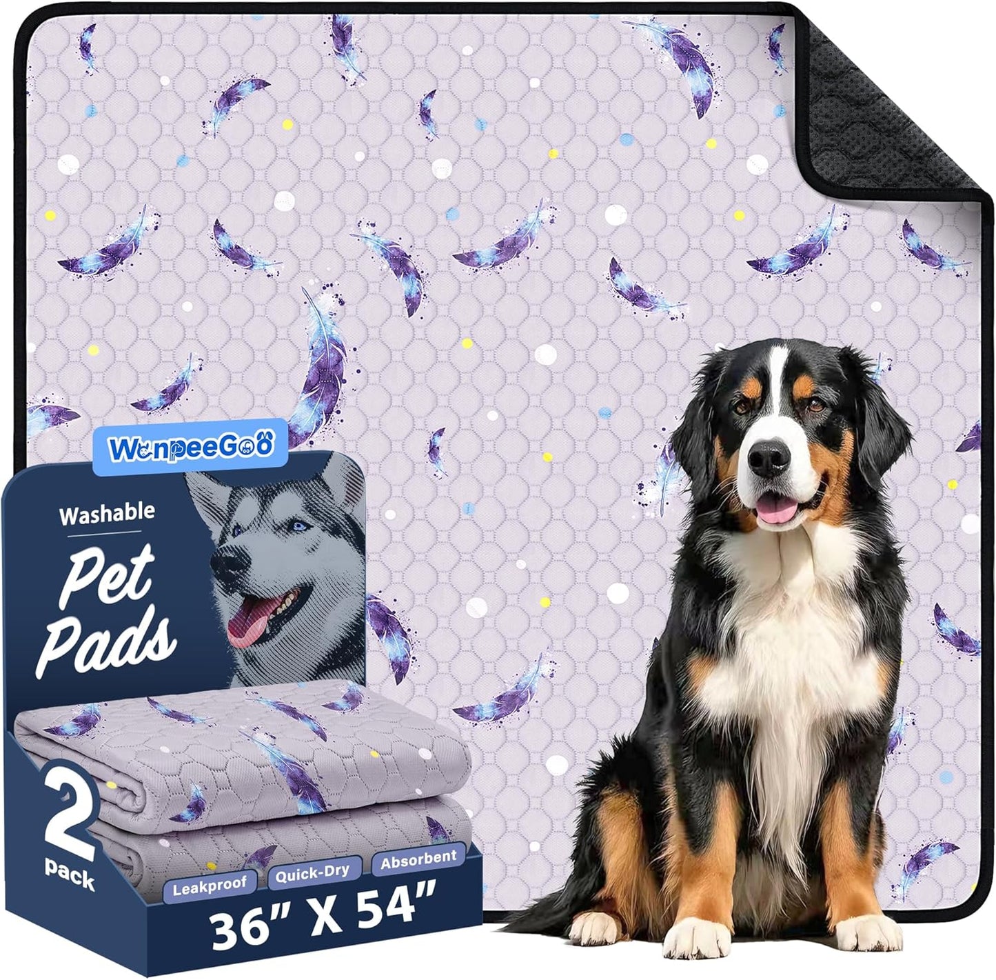 WanpeeGoo Washable Pee Pads for Dogs, 2Pack Reusable Puppy Pads, Super Absorbent & Leakproof Dog Pads, Anti-Slip Dog Pee Pads for Puppy Training & Incontinence, Feather Pattern 36"x41"
