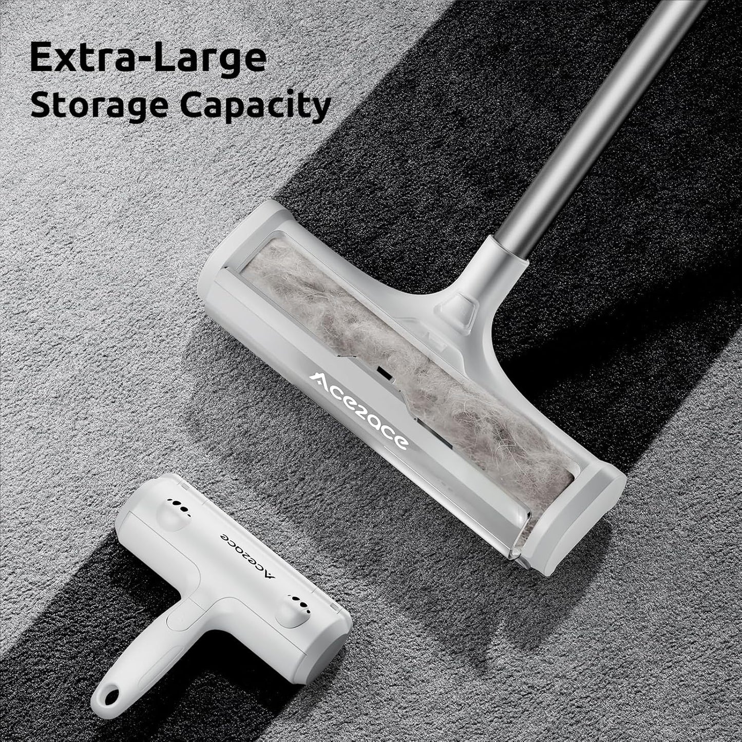 ACE2ACE A3 Pro Carpet Roller for Pet Hair, Carpet Pet Hair Removal Tool, Reusable Large Lint Rollers, 5 Feet Long Handle No Bending No Kneeling, Cat Dog Hair Remover for Carpet, Rugs, Mats, Grey