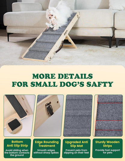 Dog Ramp Dog Stairs for Small Dogs Foldable Dog Ramp with 4 Adjustable Heights from 7.48'' to 15.35" Wood Stairs with Non Slip Carpet Portable Pet Ramp for Couch, Sofa, Low Bed (Natural Wood)