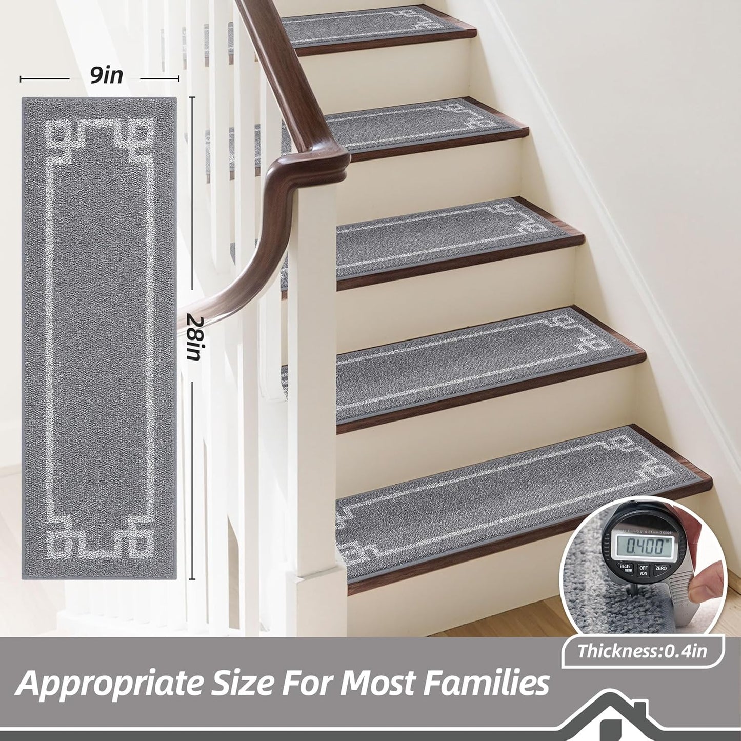 BEQHAUSE Non Slip Stair Treads for Wooden Steps Indoor Washable Stair Runner 28inX9in Polyester Durable Stair Treads Carpet for Dogs,Kids and Elders 15pcs,Dark Grey