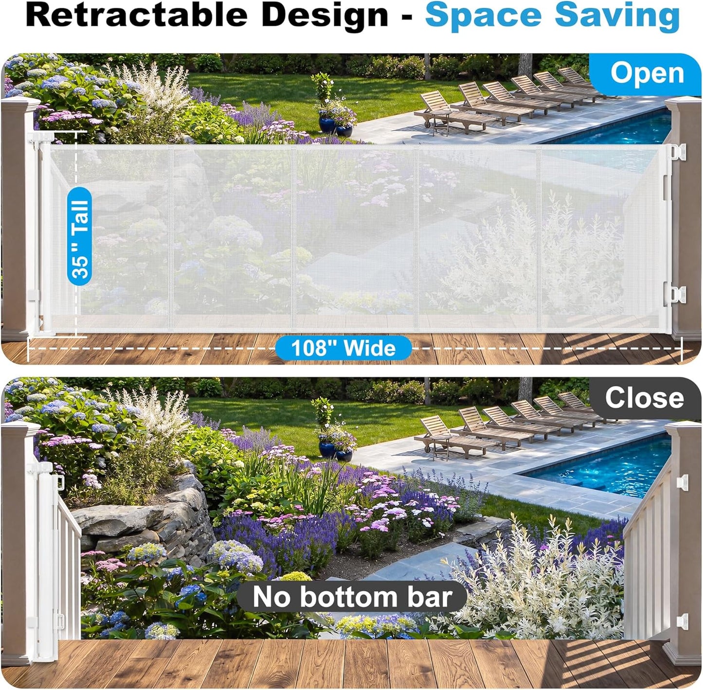 108" Wide Weatherproof Outdoor Retractable Dog Gates Extra Wide with Rust-Proof Stainless Steel Hardware& Waterproof Mesh, Reinforced 9 Ft Extra Long Retractable Baby Gate to Prevent Crawling Through