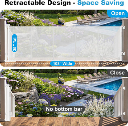 108" Wide Weatherproof Outdoor Retractable Dog Gates Extra Wide with Rust-Proof Stainless Steel Hardware& Waterproof Mesh, Reinforced 9 Ft Extra Long Retractable Baby Gate to Prevent Crawling Through
