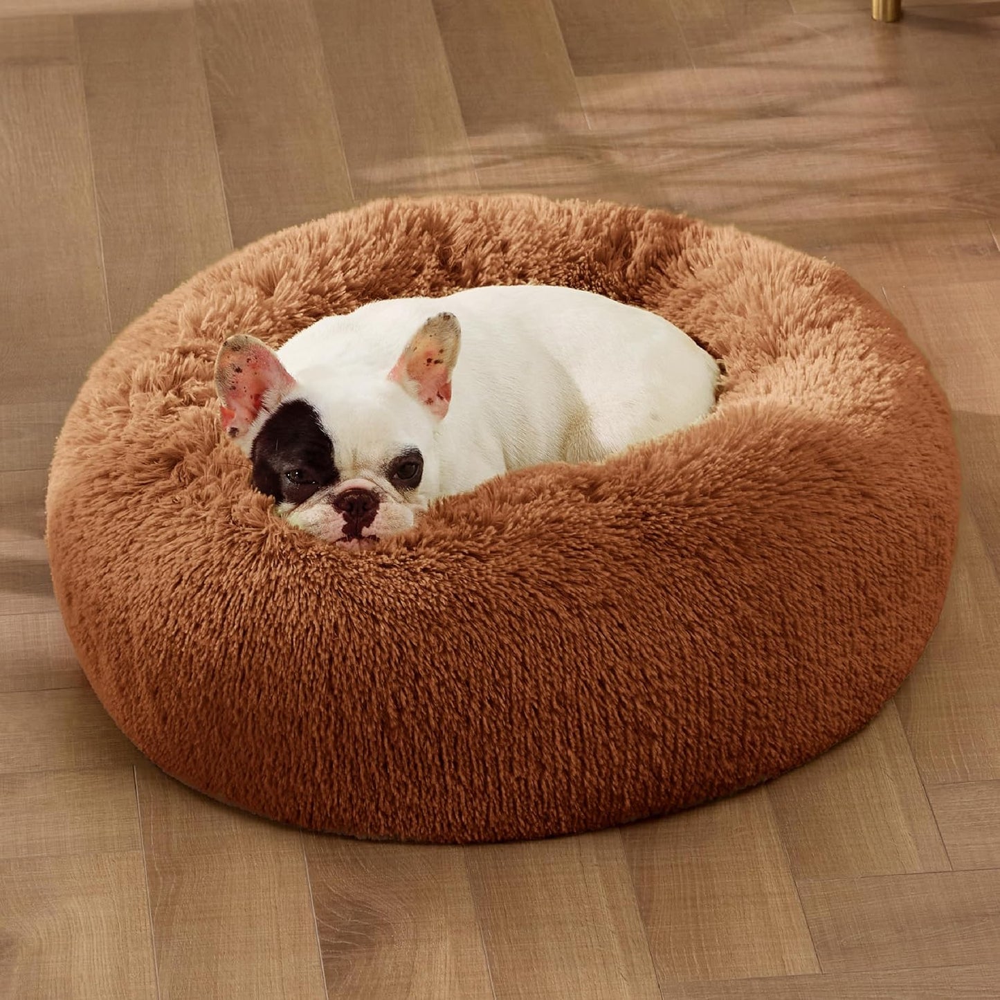 Bedsure Calming Dog Bed Medium Size Dog - Donut Washable Medium Pet Bed, 30 inches Anti-Slip Round Fluffy Plush Faux Fur Cat Bed, Fits up to 45 lbs Pets, Camel