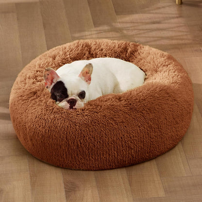 Bedsure Calming Dog Bed Medium Size Dog - Donut Washable Medium Pet Bed, 30 inches Anti-Slip Round Fluffy Plush Faux Fur Cat Bed, Fits up to 45 lbs Pets, Camel