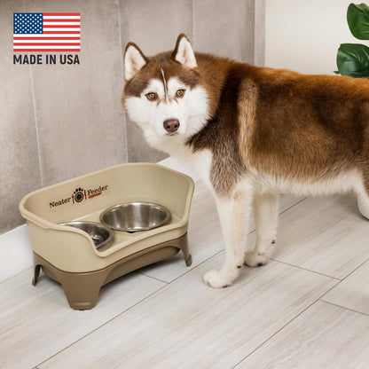 Neater Feeder Express Mess Proof Dog Bowls Elevated for Small Breeds under 15 Lb, Made in USA, No Spill Raised Dog Food Bowl Stand, Stainless Steel Food and Water Bowl Set, Feeding Station, Cappuccino