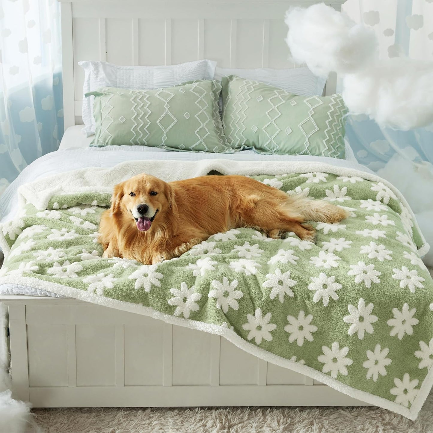 LE SURE Waterproof Dog Blanket for Large Dogs - Washable Double Sided Dog Blankets with Warm Jacquard Shag and Soft Sherpa Fleece, Pet Cat Blanket for Couch Protection, 3D Textured Cloud, Green