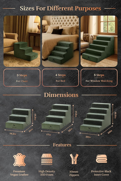 Noah & Paw Dog Stairs, Dog Ramp for Bed (20" Extra Wide) Pet Stairs for High Bed, Design to Fit Small and Large Breeds, Durable 5 Pet Steps for Couch (35 Foam Density) Leather Collection