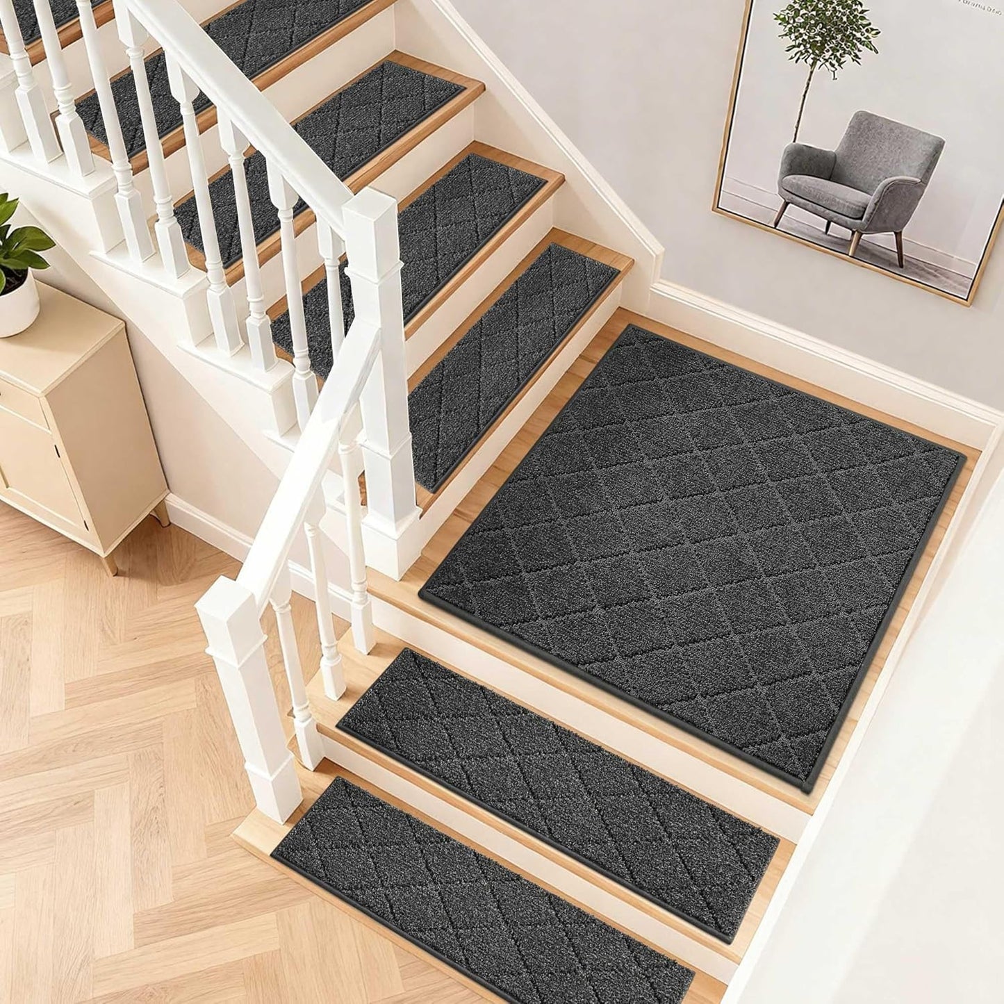 COSY HOMEER Edging Stair Treads Non-Slip Carpet Mat 28inX9in Indoor Stair Runners for Wooden Steps, Edging Stair Rugs for Kids and Dogs, 100% Polyester TPE Backing (7pc, Beige)