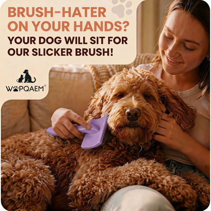 Slicker Brush for Doodles and Poodles - 2-Piece Solid Wood Dog Grooming Set with Extra Long Pin Dematting Tool and Metal Comb for Curly, Matted & Thick Hair, Purple
