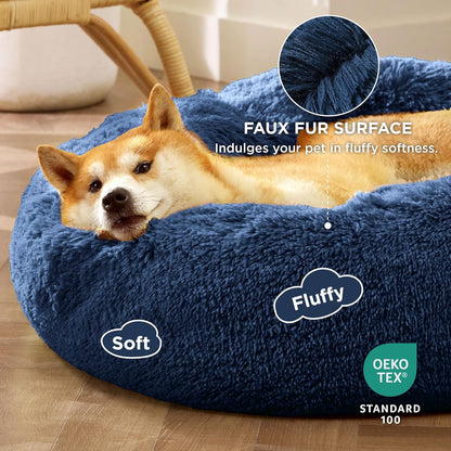 Bedsure Calming Dog Bed Medium Size Dog - Donut Washable Medium Pet Bed, 30 inches Anti-Slip Round Fluffy Plush Faux Fur Cat Bed, Fits up to 45 lbs Pets, Camel