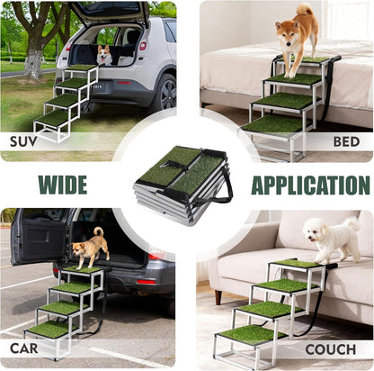 Foldable Dog Stairs for Cars, 4 Steps Wide Dog Ramp for Large Dogs with Non-Slip Surface, Lightweight Aluminum Foldable Steps for High Beds, Cars, SUVs, Trucks, Supports up to 250 lbs