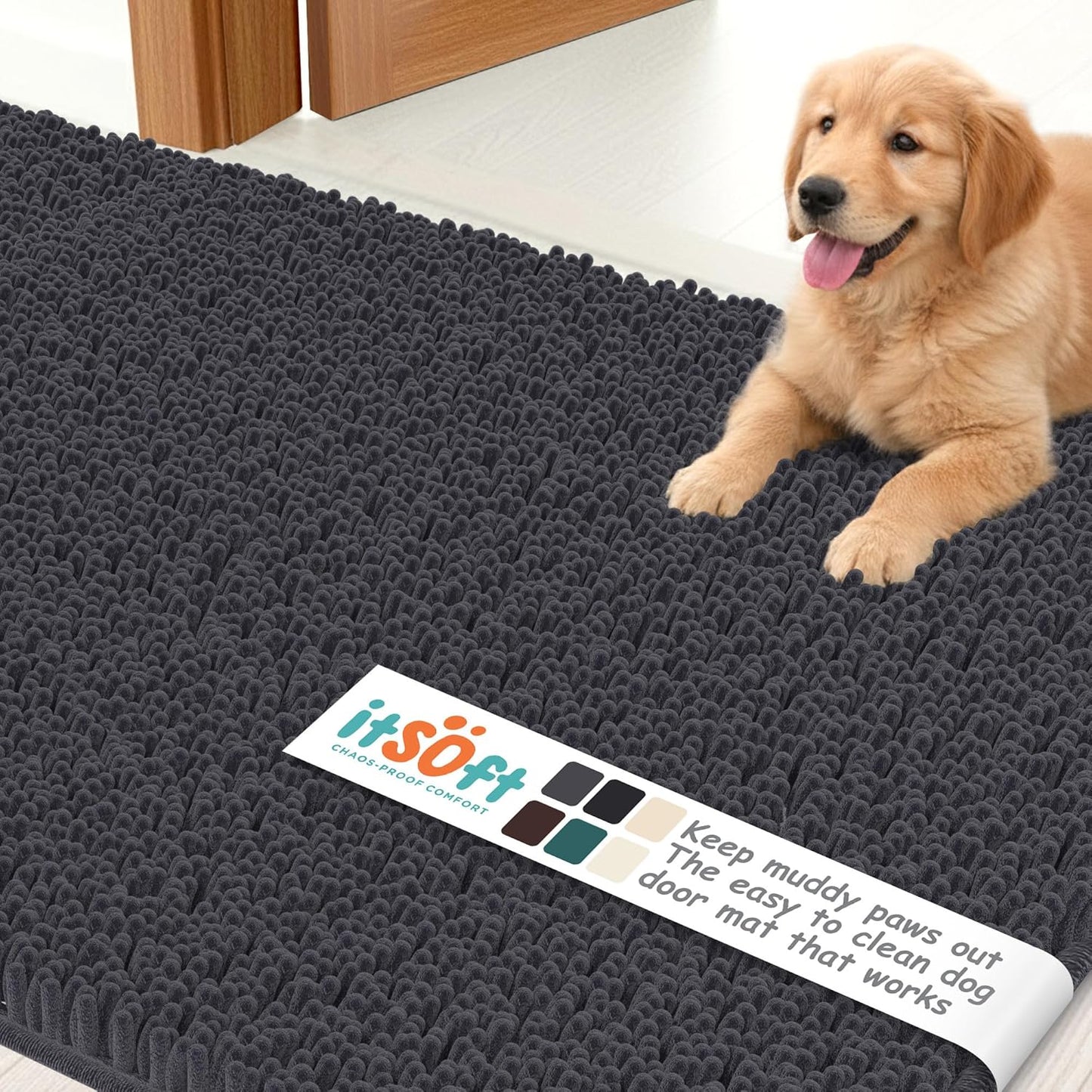 Dog Rugs for Muddy Paws 22x14 | Cleaner Mud Free Floors | Muddy Dogs Mats for Indoor, Dog Mat for Muddy Paws Door Mat Washable, Absorbent Chenille Mud Rug Paw Matt w/ Non Slip Backing, Charcoal Grey