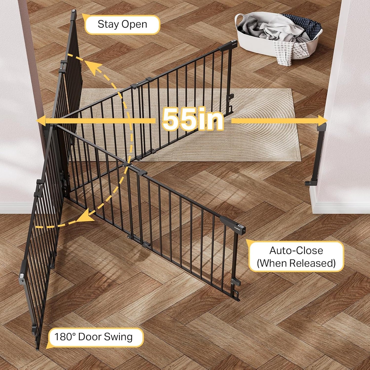 Cumbor 29.2–43" Baby Gate for Stairs, Hardware Mounted (Drill Required), Expandable No Bottom Bar Dog Gate, Auto Close Extra Wide Walk Thru, Pet & Toddler Proof Gate, Top & Bottom of Stairways(Black)