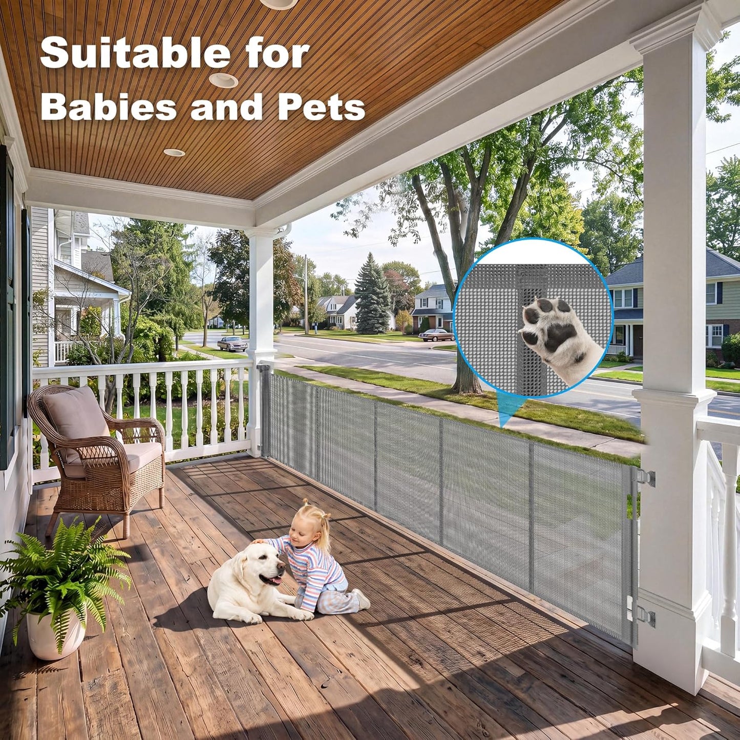 108" Wide Weatherproof Outdoor Retractable Dog Gates Extra Wide with Rust-Proof Stainless Steel Hardware& Waterproof Mesh, Reinforced 9 Ft Extra Long Retractable Baby Gate to Prevent Crawling Through