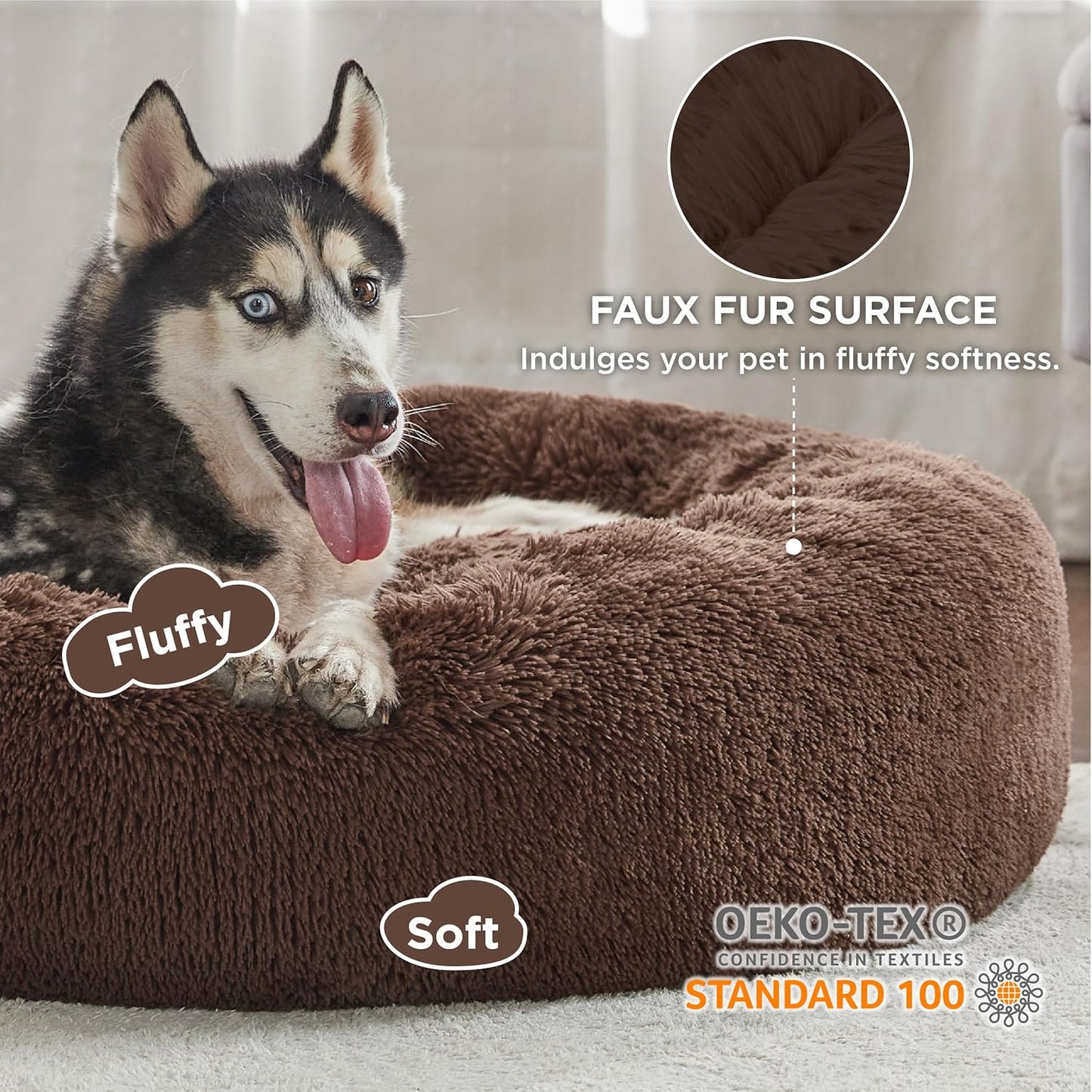 Bedsure Calming Dog Bed Medium Size Dog - Donut Washable Medium Pet Bed, 30 inches Anti-Slip Round Fluffy Plush Faux Fur Cat Bed, Fits up to 45 lbs Pets, Camel