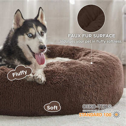 Bedsure Calming Dog Bed Medium Size Dog - Donut Washable Medium Pet Bed, 30 inches Anti-Slip Round Fluffy Plush Faux Fur Cat Bed, Fits up to 45 lbs Pets, Camel