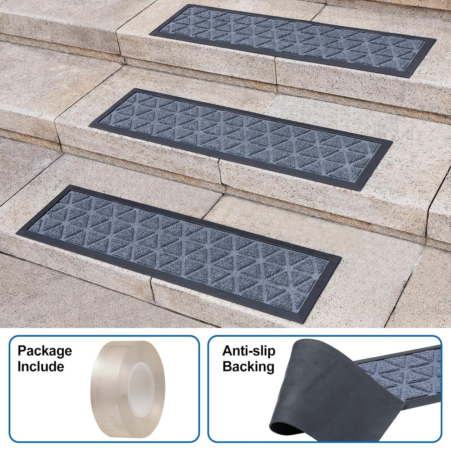 Rubber Stair Treads Non Slip Outdoor/Indoor 30" x 10" 6-Pack, Outdoor Stair Treads with Nosing for Garage, Patio, Wooden Marble Tile Metal Concrete Steps
