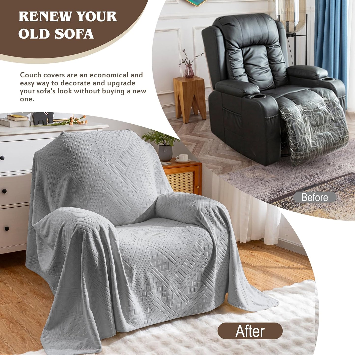 Waterproof Couch Cover, Reversible, Pet-Friendly, Washable and Anti-Slip Couch Covers for Sofa Protection with 3 Cushions, Sofa Slipcovers for Dogs and Cats (71×118in/Brown)