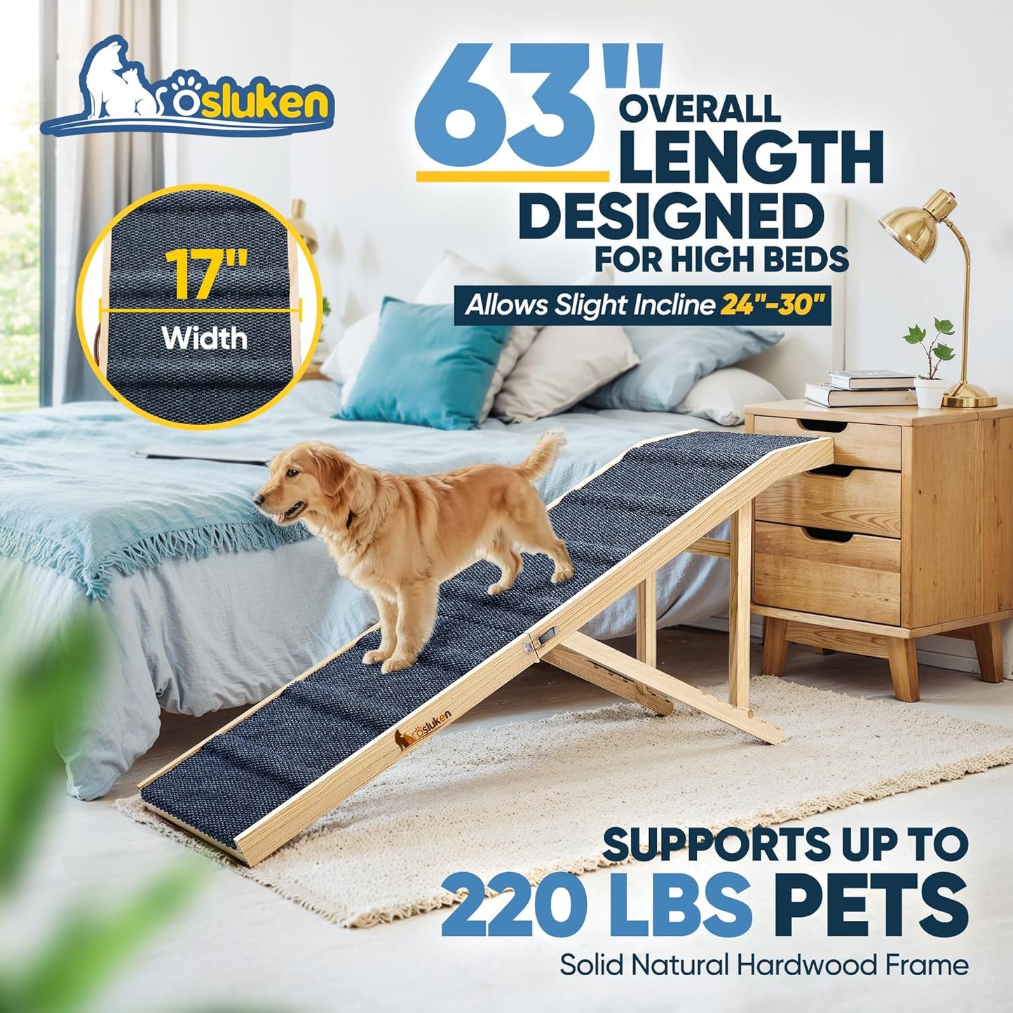 𝟐𝟎𝟐𝟔 𝐔𝐩𝐠𝐫𝐚𝐝𝐞𝐝 Dog Ramp for Bed, 64" Long Foldable Pet Ramp for Small Large Dogs, Dog Ramps for High Beds Car, High Traction with Platform 6 Adjustable Heights 24" to 30" Up to 220LBS Black