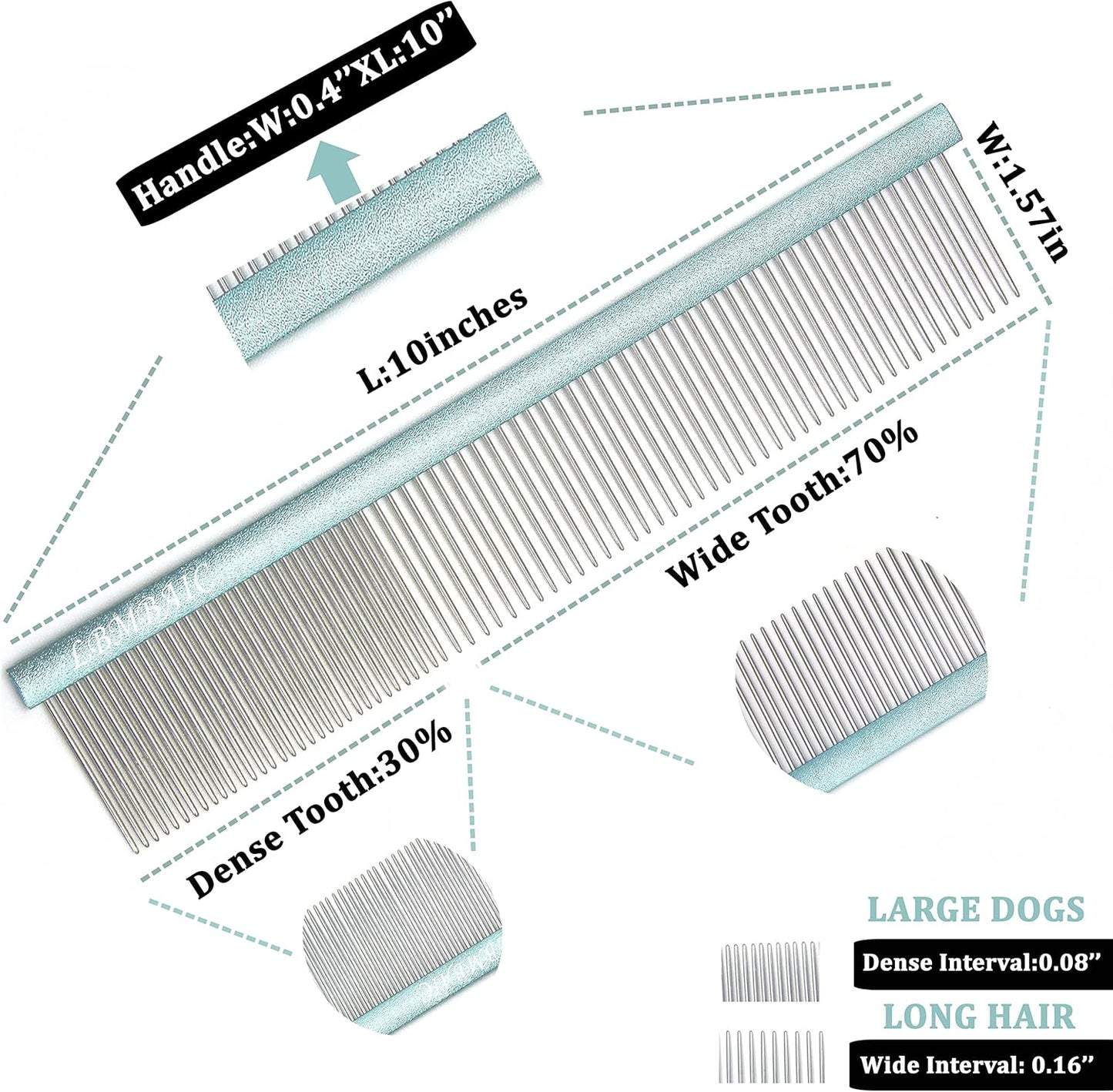 Metal Dog Grooming Comb for Shedding Tangles,Knots,Mats.Dog Combs With Long Wide Tooth for Long Thick Curly Hair Metal Pet Comb for Poodles and Goldendoodles Dematting.7.5INCHES.(Blue)