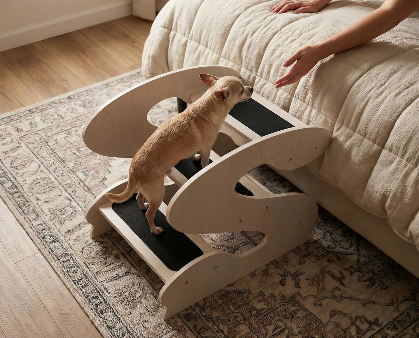Wooden Dog Stairs Steps for Bed,3Steps,Small or Senior Dogs for Pet LUNDERLAND Design,16¾"Wx23¼Dx19⅜H RedWalnutWood GrainPattern