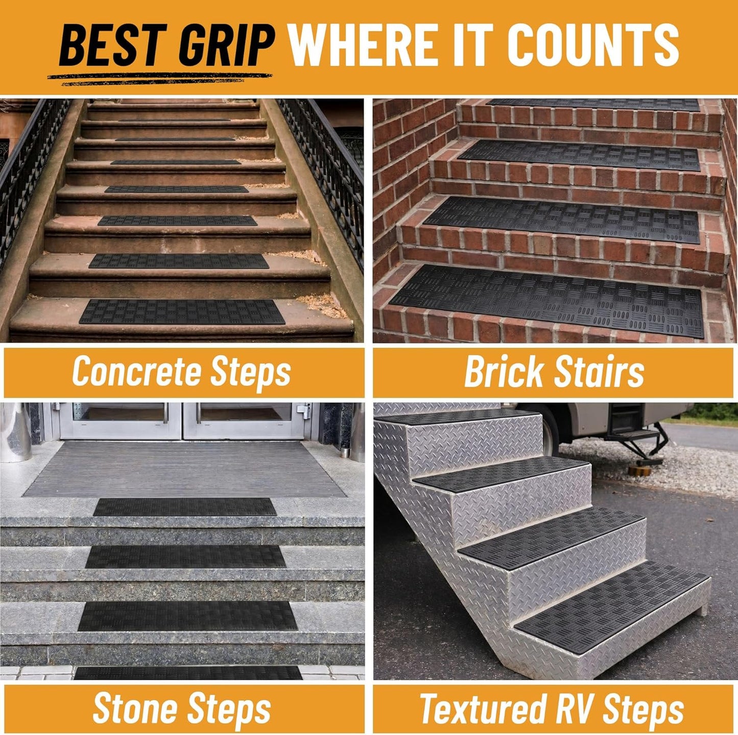 Ottomanson Outdoor Rubber Stair Treads – Ribbed Heavy-Duty Non-Slip Stair Mats – Best Grip on Concrete, Brick & Textured Step – Fastening Recommended for Wooden & RV Steps, Pack of 5