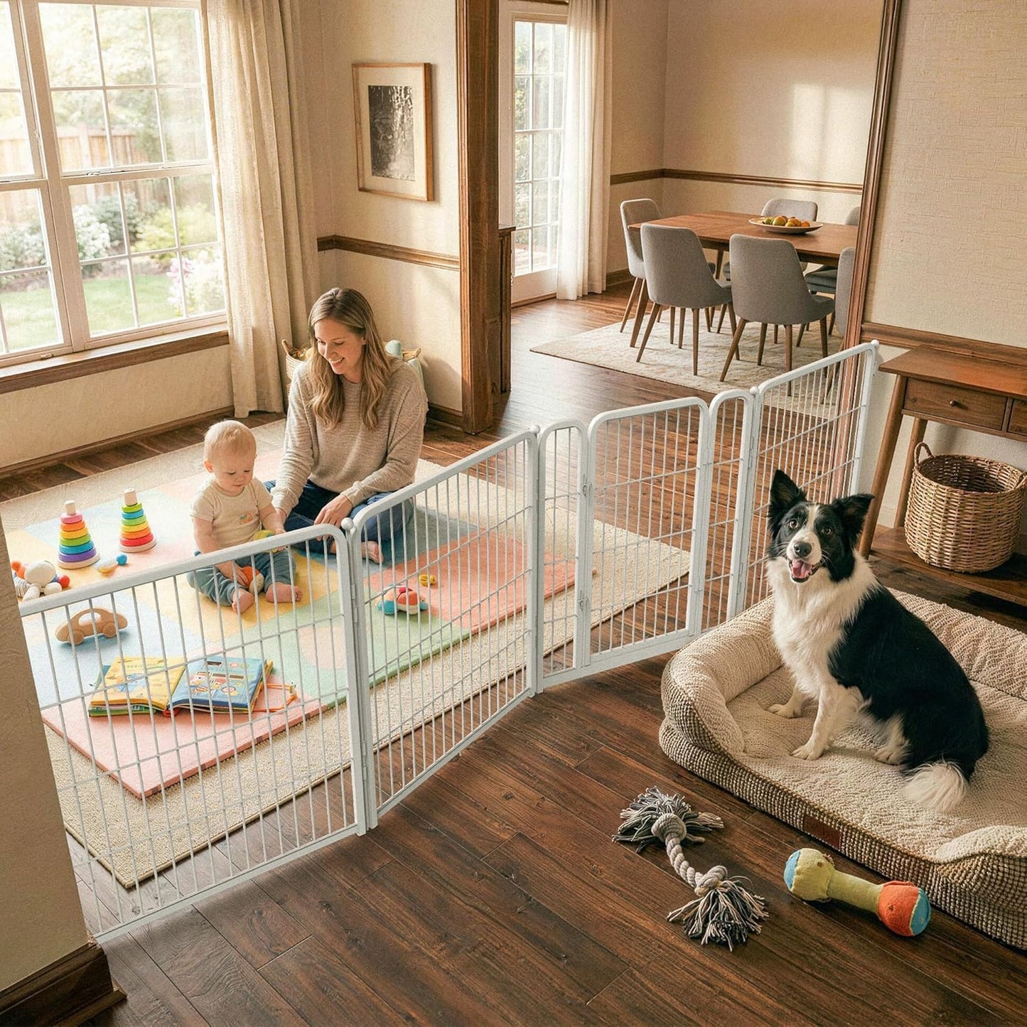 FXW Dog Gate Extra Wide Designed for Indoor Use, Adjustable Width Up to 183-inch Wide (24" H 8 Wire Panels for Puppies and Small Dogs), Black