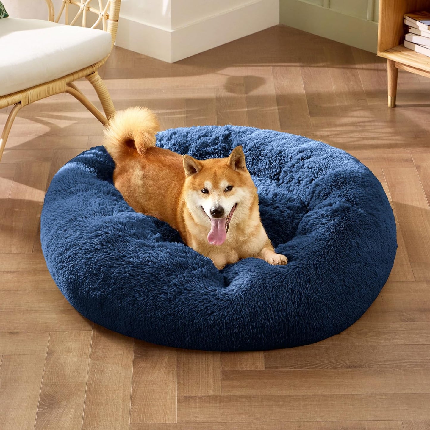 Bedsure Calming Dog Bed Medium Size Dog - Donut Washable Medium Pet Bed, 30 inches Anti-Slip Round Fluffy Plush Faux Fur Cat Bed, Fits up to 45 lbs Pets, Camel