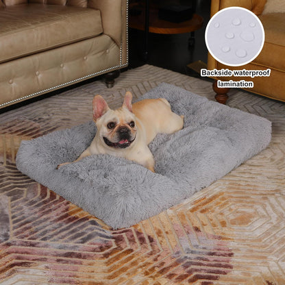 Bedfolks Waterproof Dog Crate Bed, Plush With Removable Washable Cover, Faux Fur Crate Pad for Medium Dogs, Fluffy Kennel 29"x21", Dark Grey