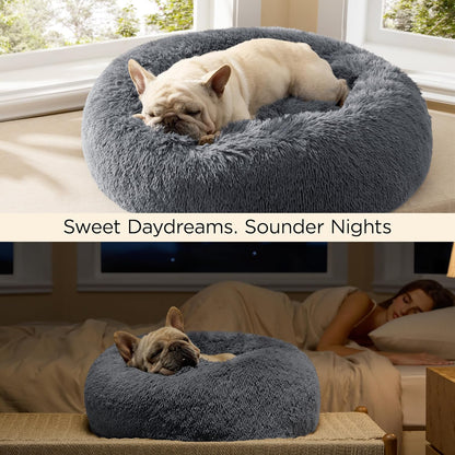 Bedsure Calming Dog Bed Medium Size Dog - Donut Washable Medium Pet Bed, 30 inches Anti-Slip Round Fluffy Plush Faux Fur Cat Bed, Fits up to 45 lbs Pets, Camel
