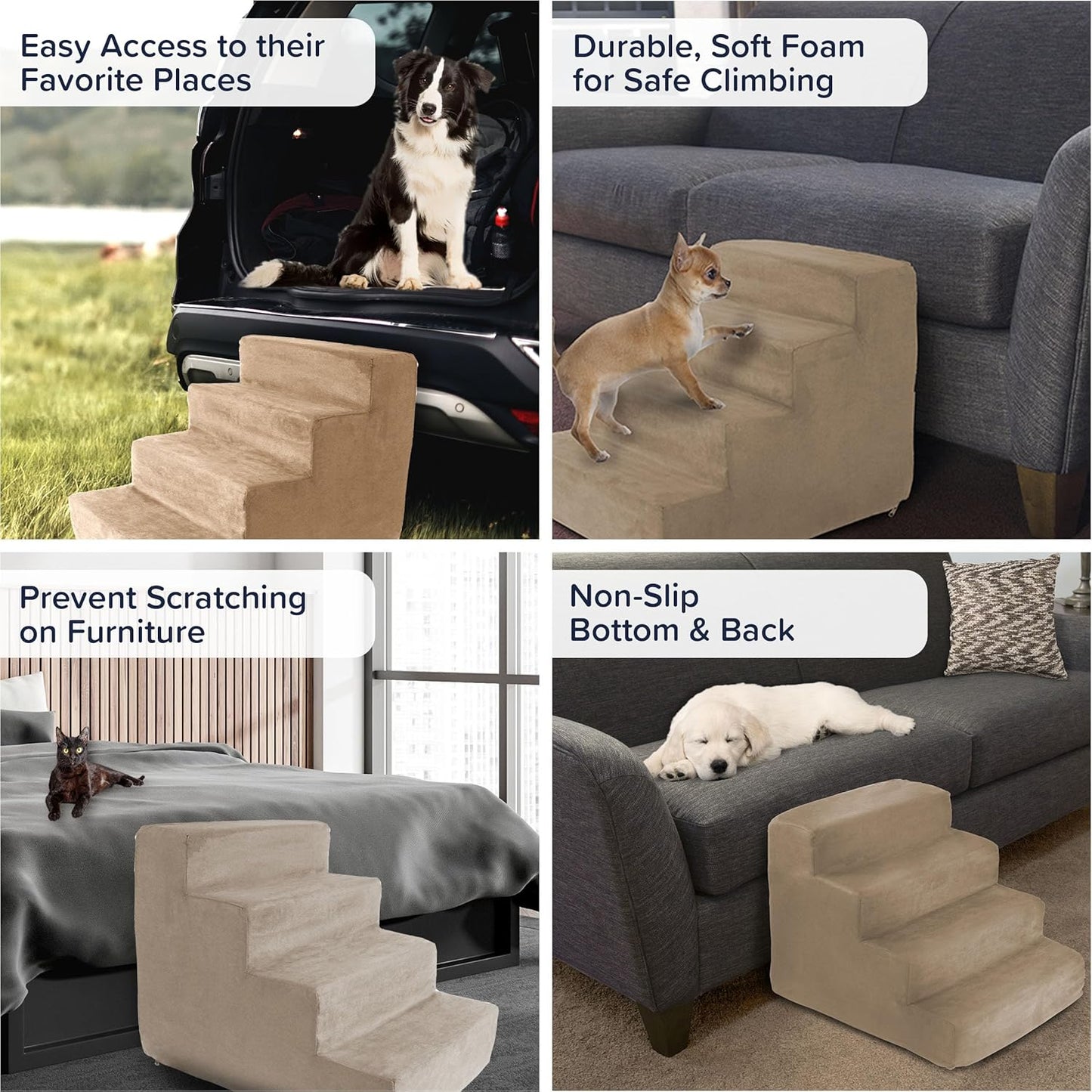 3-Step Pet Stairs - Nonslip Foam Dog and Cat Steps with Removable Zippered Microfiber Cover - 2-Tone Design for Home or Vehicle Use by PETMAKER (Tan)