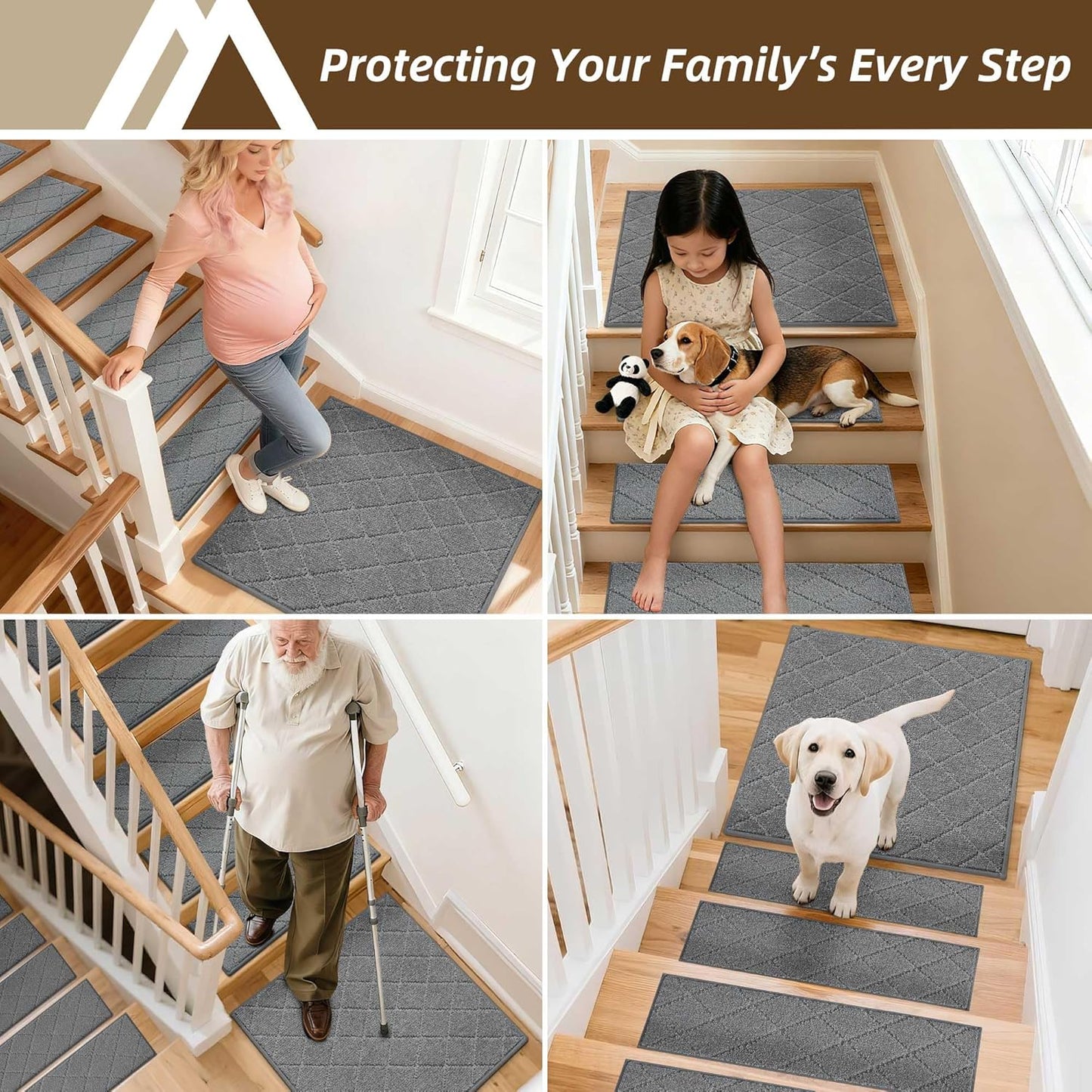 COSY HOMEER Edging Stair Treads Non-Slip Carpet Mat 28inX9in Indoor Stair Runners for Wooden Steps, Edging Stair Rugs for Kids and Dogs, 100% Polyester TPE Backing (7pc, Beige)