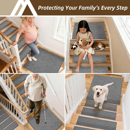 COSY HOMEER Edging Stair Treads Non-Slip Carpet Mat 28inX9in Indoor Stair Runners for Wooden Steps, Edging Stair Rugs for Kids and Dogs, 100% Polyester TPE Backing (7pc, Beige)