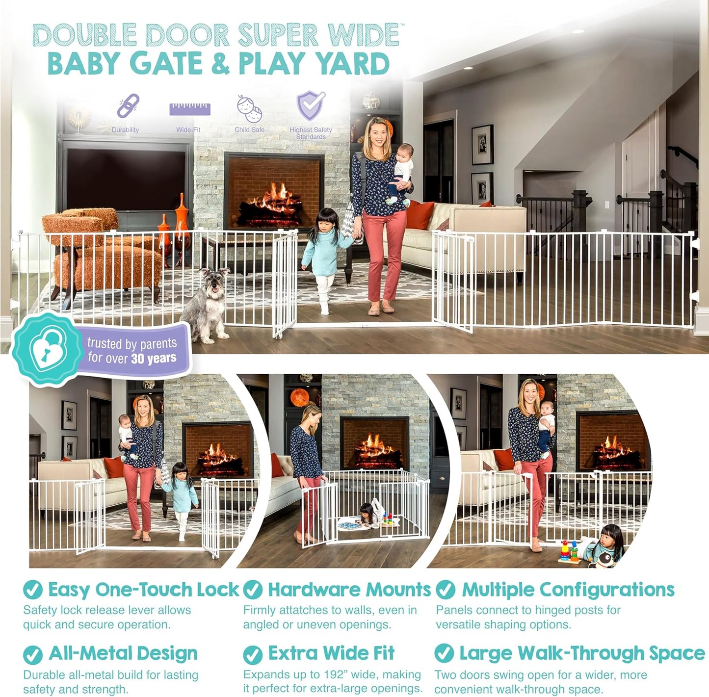 Regalo Safety 28"-76” Super Wide Configurable Baby Gate for Doorways & Open Spaces, 3-Panel Wall Mounted Safety Gate with Door for Babies, Toddlers & Pets, Includes Wall Mount Hardware
