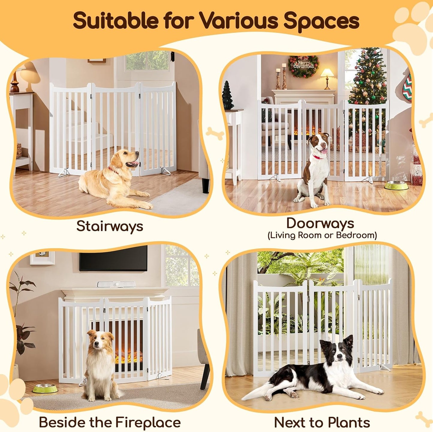 Yaheetech Freestanding Pet Gate 3-Panel Wooden Dog Fence with 2 Support Feet Folding Dog Gate for Indoor, Stairs, Doorways, Halls, Kitchen Wooden Pet Barrier White 36" H