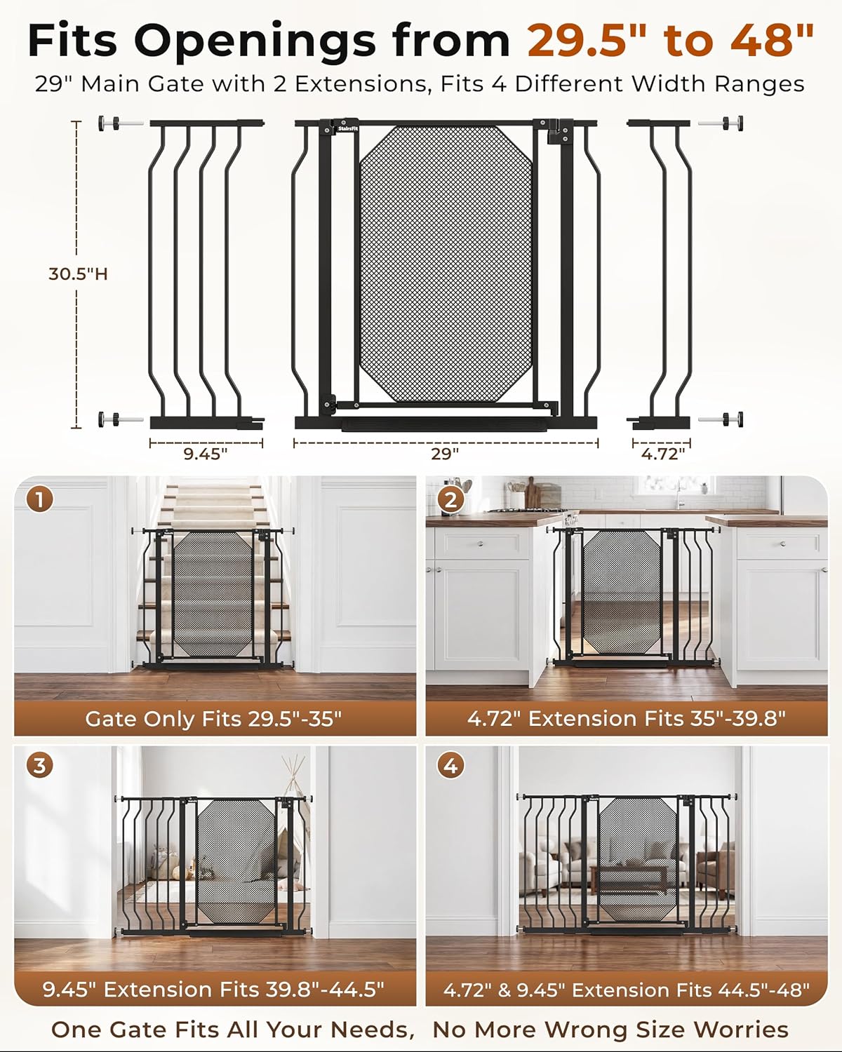 29.5-48" Baby Gate for Stairs, Child & Pet Proof, No-Drill Pressure Mount Auto Close One-Hand Operation, 30.5" Tall Indoor Dog Gate for Doorways, 4 Adjustable Sizes, Black