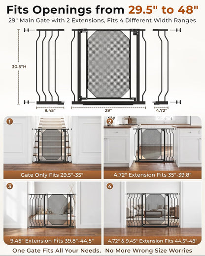 29.5-48" Baby Gate for Stairs, Child & Pet Proof, No-Drill Pressure Mount Auto Close One-Hand Operation, 30.5" Tall Indoor Dog Gate for Doorways, 4 Adjustable Sizes, Black